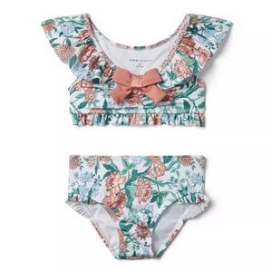 Janie and Jack Floral Swim Bikini with Bow - Green, Pink, White